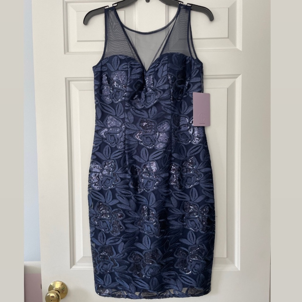 JS Collections Blue Sequined Dress with mesh neckline
